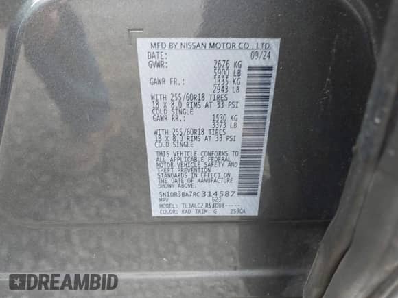 2024 Nissan Pathfinder SV with VIN 5N1DR3BA7RC314587, listed as a IAAI auction lot 43562488 with 40,032 mi miles and . Bid and sale history available at DreamBid. Image 9.