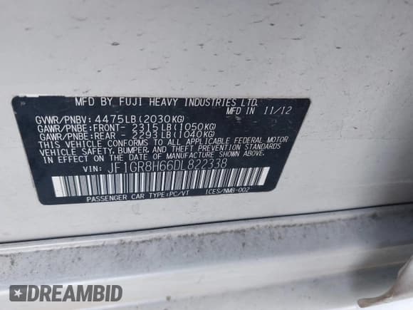 ✅ 2013 Subaru WRX WRX STI • VIN: JF1GR8H66DL822338 • Lot: 43120320. Listed on IAAI with 98,276 mi. Free auction sales archive from the USA and detailed vehicle history report at DreamBid. Image 9.