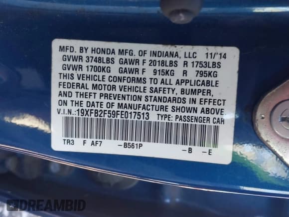 ✅ 2015 Honda Civic LX • VIN: 19XFB2F59FE017513 • Лот: 43665262. Опубликован ранее на IAAI с пробегом 60 489 миль. Бесплатный доступ к архиву аукционных продаж из США и подробный отчёт об истории автомобиля на DreamBid. Изображение 9.