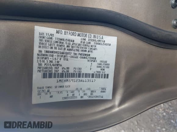 ✅ 2003 Mercury Sable LS Premium • VIN: 1MEHM59S23A613517 • Lot: 42873707. Listed on IAAI with 172,269 mi. Free auction sales archive from the USA and detailed vehicle history report at DreamBid. Image 9.