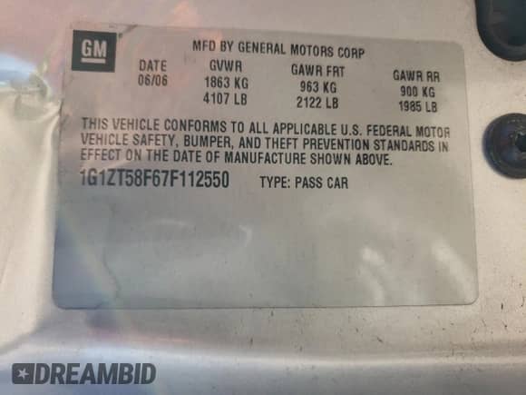 2007 Chevrolet Malibu 1LT with VIN 1G1ZT58F67F112550, listed as a Copart auction lot 71235294 with 106,824 mi miles and Salvage title. Bid and sale history available at DreamBid. Image 12.