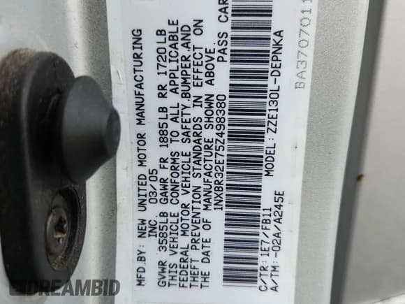 ✅ 2005 Toyota Corolla CE • VIN: 1NXBR32E75Z498380 • Lot: 92313695. Listed on Copart with 254,942 mi. Free auction sales archive from the USA and detailed vehicle history report at DreamBid. Image 12.