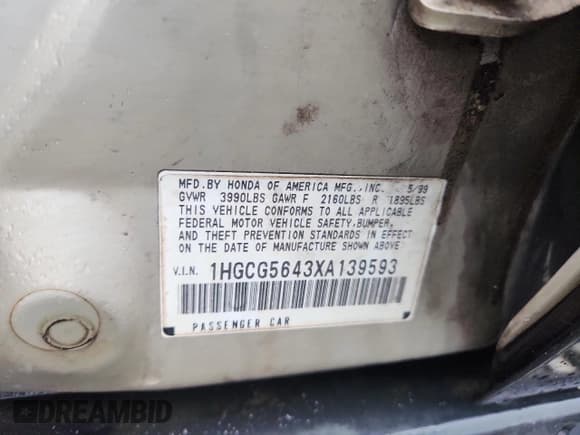 ✅ 1999 Honda Accord LX • VIN: 1HGCG5643XA139593 • Lot: 87129795. Listed on Copart with 303,623 mi. Free auction sales archive from the USA and detailed vehicle history report at DreamBid. Image 12.