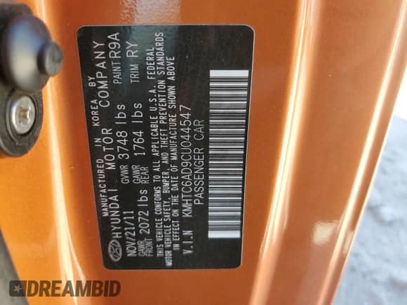 2012 Hyundai Veloster w/Red Int z VIN KMHTC6AD9CU044547, wystawiony jako Copart lot #72633624 z przebiegiem 69 261 mil mil oraz Szkoda całkowita • Salvage title. Historia ofert i sprzedaży dostępna na DreamBid. Obrazek 12.