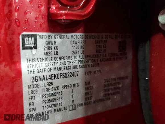 2015 Chevrolet Captiva Sport LTZ с VIN 3GNAL4EK0FS522407, выставлен на аукционе Copart как лот 82233344 с пробегом 67 068 миль миль и Списание • Salvage title. История ставок и продаж доступна на DreamBid. Изображение 14.