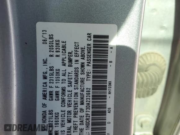 ✅ 2013 Honda Accord EX • VIN: 1HGCR2F73DA233682 • Lot: 57963835. Listed on Copart with 219,375 mi. Free auction sales archive from the USA and detailed vehicle history report at DreamBid. Image 12.