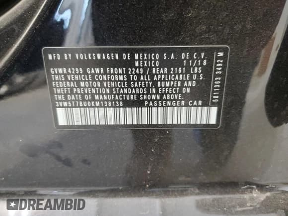 ✅ 2019 Volkswagen Jetta S • VIN: 3VW5T7BU0KM138138 • Lot: 90843605. Listed on Copart with 66,696 mi. Free auction sales archive from the USA and detailed vehicle history report at DreamBid. Image 13.