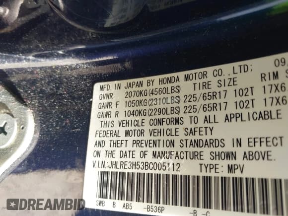 ✅ 2011 Honda CR-V EX • VIN: JHLRE3H53BC005112 • Lot: 43363574. Listed on IAAI with 189,569 mi. Free auction sales archive from the USA and detailed vehicle history report at DreamBid. Image 9.