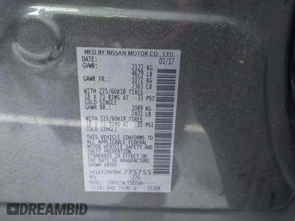 ✅ 2017 Nissan Rogue SV • VIN: 5N1AT2MV9HC775755 • Lot: 43774022. Listed on IAAI with 120,084 mi. Free auction sales archive from the USA and detailed vehicle history report at DreamBid. Image 9.