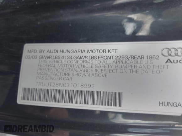 ✅ 2003 Audi TT • VIN: TRUUT28N031018992 • Lot: 42869579. Listed on IAAI with 139,773 mi. Free auction sales archive from the USA and detailed vehicle history report at DreamBid. Image 9.