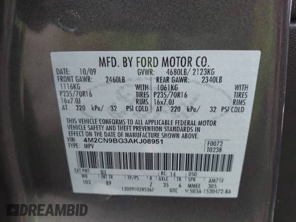 2010 Mercury Mariner z VIN 4M2CN9BG3AKJ08951, wystawiony jako IAAI lot #43002446 z przebiegiem 182 349 mil mil oraz . Historia ofert i sprzedaży dostępna na DreamBid. Obrazek 9.