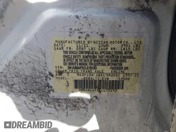 ✅ 2012 Nissan Sentra S • VIN: 3N1AB6APXCL670193 • Lot: 42866799. Listed on IAAI with 153,127 mi. Free auction sales archive from the USA and detailed vehicle history report at DreamBid. Image 9.