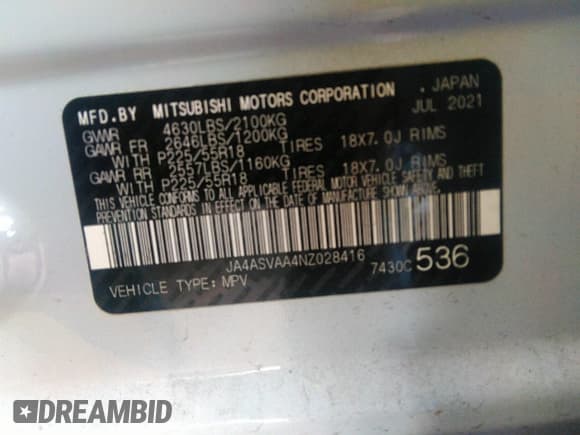 ✅ 2022 Mitsubishi Eclipse Cross LE • VIN: JA4ASVAA4NZ028416 • Lot: 41247694. Wystawiony na IAAI z przebiegiem 48 247 mil. Bezpłatny archiwum sprzedaży aukcyjnych z USA i szczegółowy raport historii pojazdu na DreamBid. Zdjęcie 9.