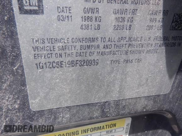 2011 Chevrolet Malibu 1LT with VIN 1G1ZC5E19BF320939, listed as a IAAI auction lot 42404422 with 143,456 mi miles and . Bid and sale history available at DreamBid. Image 1.