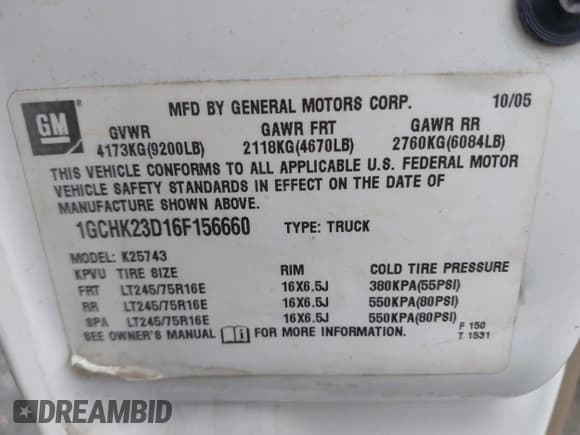 ✅ 2006 Chevrolet Silverado 2500HD LT1 • VIN: 1GCHK23D16F156660 • Lot: 41497692. Listed on IAAI with 287,502 mi. Free auction sales archive from the USA and detailed vehicle history report at DreamBid. Image 9.