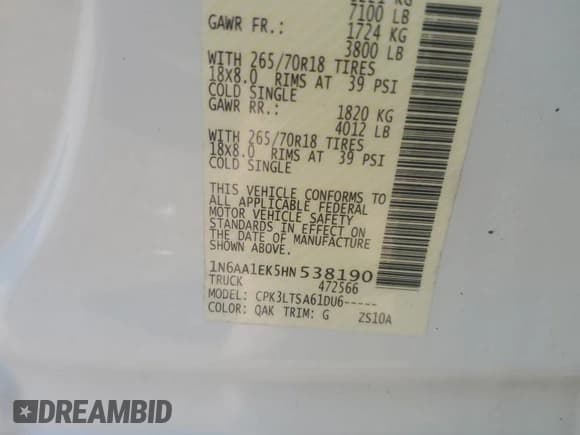 ✅ 2017 Nissan Titan S • VIN: 1N6AA1EK5HN538190 • Lot: 82632115. Wystawiony na Copart z przebiegiem 212 959 mil. Bezpłatny archiwum sprzedaży aukcyjnych z USA i szczegółowy raport historii pojazdu na DreamBid. Zdjęcie 12.