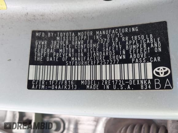 ✅ 2015 Toyota Corolla L • VIN: 5YFBURHEXFP257277 • Lot: 43610509. Listed on IAAI with 186,729 mi. Free auction sales archive from the USA and detailed vehicle history report at DreamBid. Image 9.