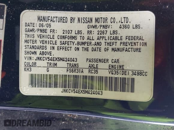 ✅ 2005 Infiniti G35 • VIN: JNKCV54EX5M424043 • Lot: 41937157. Listed on IAAI with 169,907 mi. Free auction sales archive from the USA and detailed vehicle history report at DreamBid. Image 9.