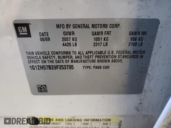 ✅ 2009 Chevrolet Malibu 1LT • VIN: 1G1ZH57B29F253795 • Lot: 62983774. Listed on Copart with 185,287 mi. Free auction sales archive from the USA and detailed vehicle history report at DreamBid. Image 10.