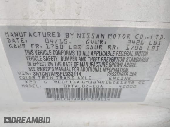 ✅ 2015 Nissan Versa S • VIN: 3N1CN7AP8FL933114 • Лот: 42437719. Опубликован ранее на IAAI с пробегом 128 080 миль. Бесплатный доступ к архиву аукционных продаж из США и подробный отчёт об истории автомобиля на DreamBid. Изображение 9.