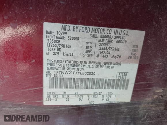 ✅ 2000 Ford F-250 XL • VIN: 1FTNW21FXYEB02830 • Lot: 42627199. Listed on IAAI with 278,856 mi. Free auction sales archive from the USA and detailed vehicle history report at DreamBid. Image 9.