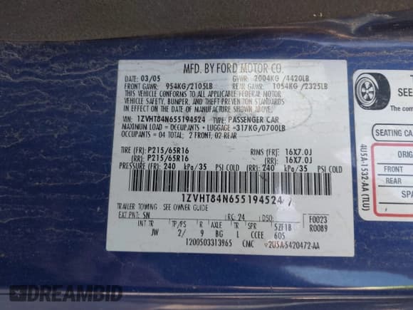 ✅ 2005 Ford Mustang Deluxe • VIN: 1ZVHT84N655194524 • Lot: 43691835. Wystawiony na IAAI z przebiegiem 95 591 mil. Bezpłatny archiwum sprzedaży aukcyjnych z USA i szczegółowy raport historii pojazdu na DreamBid. Zdjęcie 9.