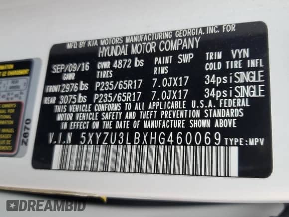 2017 Hyundai Santa Fe 2.4L с VIN 5XYZU3LBXHG460069, выставлен на аукционе Copart как лот 83951535 с пробегом 85 558 миль миль и Списание • Salvage title. История ставок и продаж доступна на DreamBid. Изображение 13.