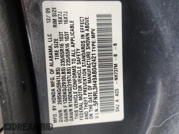 ✅ 2010 Honda Odyssey EX • VIN: 5FNRL3H49AB042421 • Lot: 81254515. Listed on Copart with 168,469 mi. Free auction sales archive from the USA and detailed vehicle history report at DreamBid. Image 13.