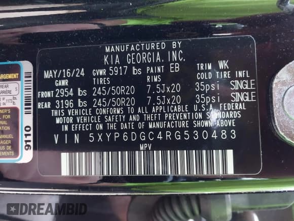 ✅ 2024 Kia Telluride S • VIN: 5XYP6DGC4RG530483 • Лот: 43596740. Опубликован ранее на IAAI с пробегом 20 849 миль. Бесплатный доступ к архиву аукционных продаж из США и подробный отчёт об истории автомобиля на DreamBid. Изображение 9.