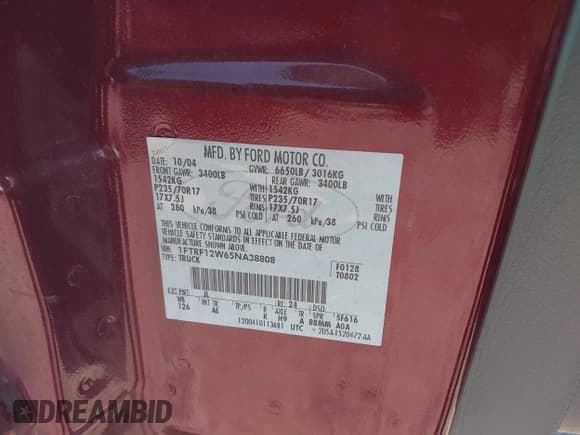 ✅ 2005 Ford F-150 XL • VIN: 1FTRF12W65NA38808 • Lot: 42946936. Listed on IAAI with 234,041 mi. Free auction sales archive from the USA and detailed vehicle history report at DreamBid. Image 9.