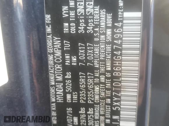 ✅ 2017 Hyundai Santa Fe 2.4L • VIN: 5XYZTDLB6HG474964 • Лот: 79479363. Опубликован ранее на Copart с пробегом 108 245 миль. Бесплатный доступ к архиву аукционных продаж из США и подробный отчёт об истории автомобиля на DreamBid. Изображение 12.