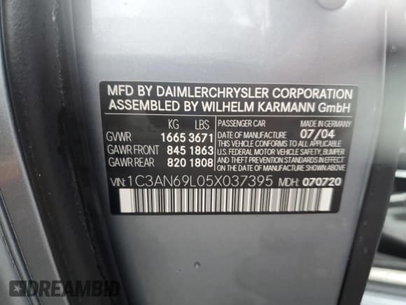 ✅ 2005 Chrysler Crossfire Limited • VIN: 1C3AN69L05X037395 • Lot: 91258575. Listed on Copart with 72,462 mi. Free auction sales archive from the USA and detailed vehicle history report at DreamBid. Image 12.