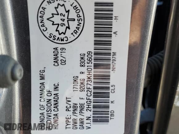 ✅ 2019 Honda Civic EX • VIN: 2HGFC2F73KH015609 • Лот: 81467785. Опубликован ранее на Copart с пробегом Не указан. Бесплатный доступ к архиву аукционных продаж из США и подробный отчёт об истории автомобиля на DreamBid. Изображение 12.