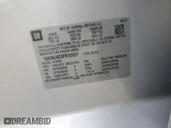 2015 Chevrolet Suburban LT with VIN 1GNSKJKC9FR147607, listed as a Copart auction lot 82344395 with 164,883 mi miles and Salvage title. Bid and sale history available at DreamBid. Image 13.