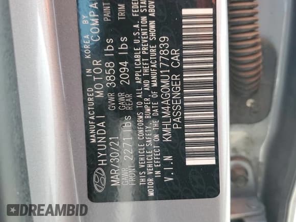 ✅ 2021 Hyundai Elantra SEL • VIN: KMHLM4AG0MU177839 • Lot: 57162105. Listed on Copart with 45,176 mi. Free auction sales archive from the USA and detailed vehicle history report at DreamBid. Image 12.