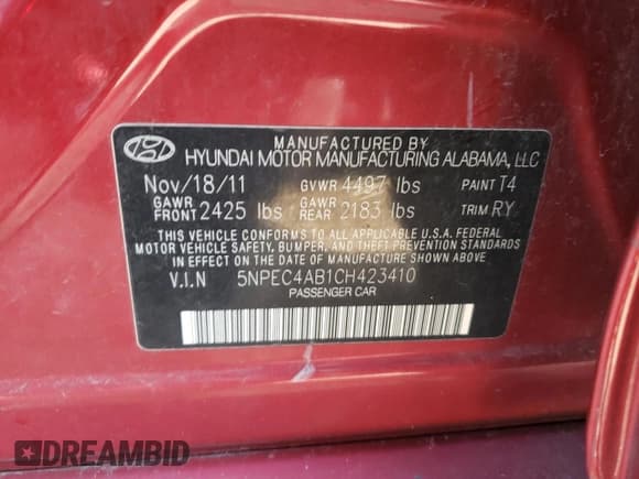 ✅ 2012 Hyundai Sonata Limited • VIN: 5NPEC4AB1CH423410 • Lot: 69475984. Listed on Copart with 172,915 mi. Free auction sales archive from the USA and detailed vehicle history report at DreamBid. Image 12.