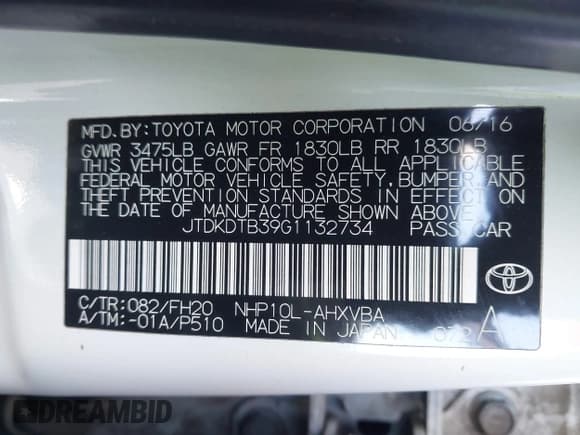 ✅ 2016 Toyota Prius One • VIN: JTDKDTB39G1132734 • Lot: 42675849. Listed on IAAI with 151,144 mi. Free auction sales archive from the USA and detailed vehicle history report at DreamBid. Image 9.