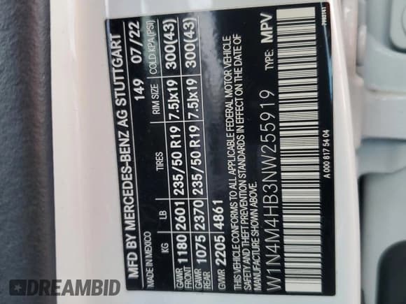 ✅ 2022 Mercedes-Benz GLB 250 • VIN: W1N4M4HB3NW255919 • Lot: 92270395. Listed on Copart with 27,298 mi. Free auction sales archive from the USA and detailed vehicle history report at DreamBid. Image 13.