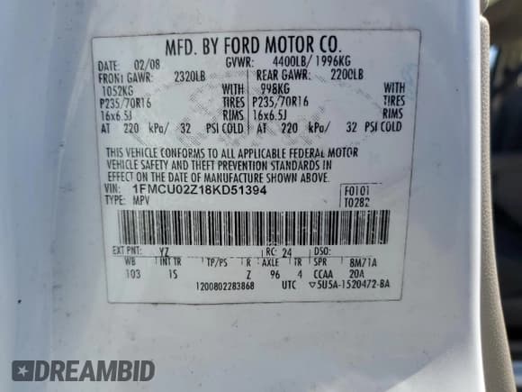✅ 2008 Ford Escape XLS • VIN: 1FMCU02Z18KD51394 • Lot: 48707205. Listed on Copart with 271,285 mi. Free auction sales archive from the USA and detailed vehicle history report at DreamBid. Image 16.