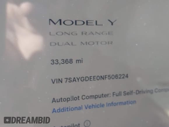 ✅ 2022 Tesla Model Y Long Range • VIN: 7SAYGDEE0NF506224 • Lot: 43551820. Listed on IAAI with 33,368 mi. Free auction sales archive from the USA and detailed vehicle history report at DreamBid. Image 7.