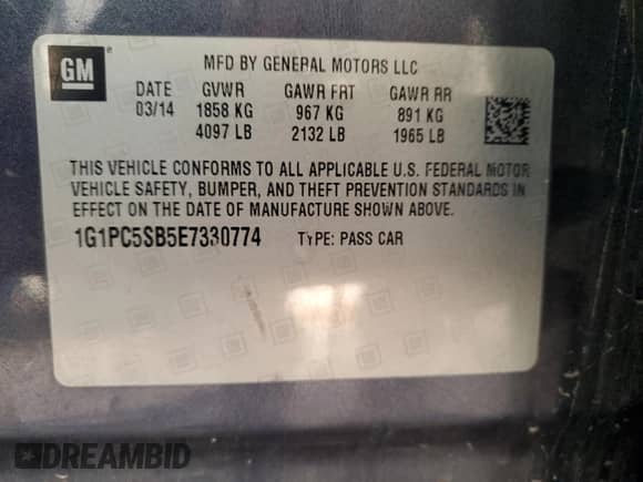 2014 Chevrolet Cruze 1LT z VIN 1G1PC5SB5E7330774, wystawiony jako Copart lot #82347395 z przebiegiem 158 368 mil mil oraz Szkoda całkowita • Salvage title. Historia ofert i sprzedaży dostępna na DreamBid. Obrazek 12.