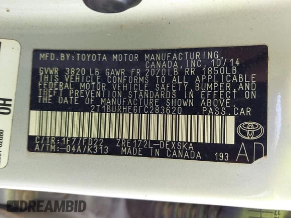 ✅ 2015 Toyota Corolla LE • VIN: 2T1BURHE6FC283620 • Lot: 43552578. Listed on IAAI with 162,150 mi. Free auction sales archive from the USA and detailed vehicle history report at DreamBid. Image 9.