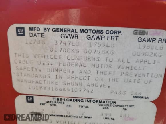 1989 Chevrolet Corvette with VIN 1G1YY3186K5109742, listed as a Copart auction lot 45378375 with 104,385 mi miles and Salvage title. Bid and sale history available at DreamBid. Image 12.