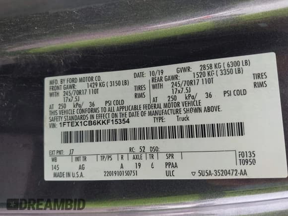 ✅ 2019 Ford F-150 XL • VIN: 1FTEX1CB6KKF15354 • Lot: 42416999. Listed on IAAI with 131,866 mi. Free auction sales archive from the USA and detailed vehicle history report at DreamBid. Image 9.