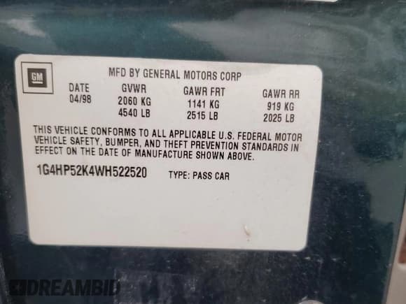 ✅ 1998 Buick LeSabre Custom • VIN: 1G4HP52K4WH522520 • Lot: 89833335. Wystawiony na Copart z przebiegiem 89 395 mil. Bezpłatny archiwum sprzedaży aukcyjnych z USA i szczegółowy raport historii pojazdu na DreamBid. Zdjęcie 12.