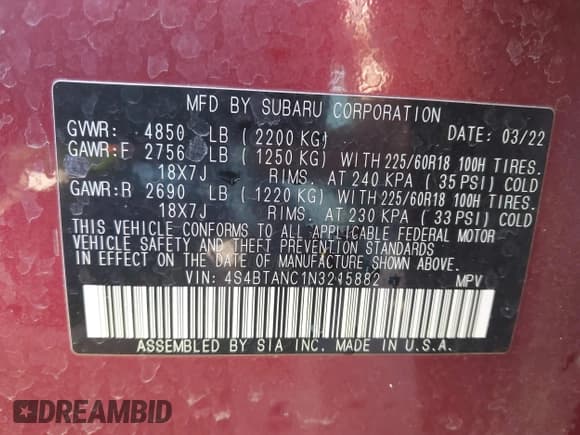 ✅ 2022 Subaru Outback Limited • VIN: 4S4BTANC1N3215882 • Лот: 41781567. Опубликован ранее на IAAI с пробегом 31 930 миль. Бесплатный доступ к архиву аукционных продаж из США и подробный отчёт об истории автомобиля на DreamBid. Изображение 9.