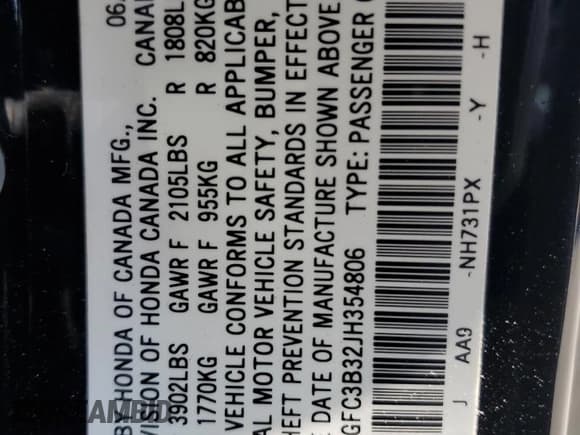 ✅ 2018 Honda Civic EX-T • VIN: 2HGFC3B32JH354806 • Lot: 71439355. Wystawiony na Copart z przebiegiem 124 275 mil. Bezpłatny archiwum sprzedaży aukcyjnych z USA i szczegółowy raport historii pojazdu na DreamBid. Zdjęcie 12.