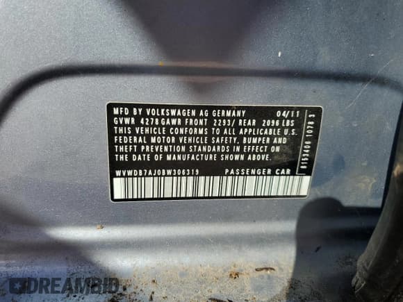 ✅ 2011 Volkswagen Golf • VIN: WVWDB7AJ0BW306319 • Lot: 69981215. Listed on Copart with 132,954 mi. Free auction sales archive from the USA and detailed vehicle history report at DreamBid. Image 12.