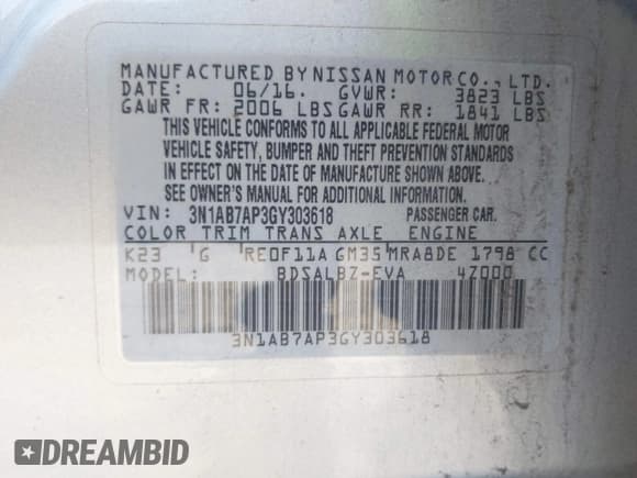 ✅ 2016 Nissan Sentra SL • VIN: 3N1AB7AP3GY303618 • Lot: 43416899. Listed on IAAI with 109,495 mi. Free auction sales archive from the USA and detailed vehicle history report at DreamBid. Image 9.