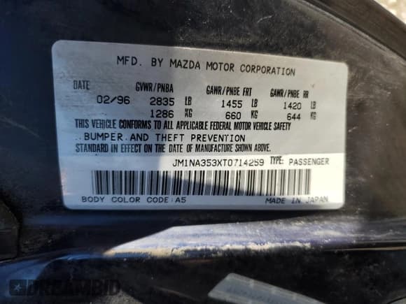 ✅ 1996 Mazda MX-5 Miata • VIN: JM1NA353XT0714259 • Lot: 75895284. Wystawiony na Copart z przebiegiem 94 653 mil. Bezpłatny archiwum sprzedaży aukcyjnych z USA i szczegółowy raport historii pojazdu na DreamBid. Zdjęcie 14.